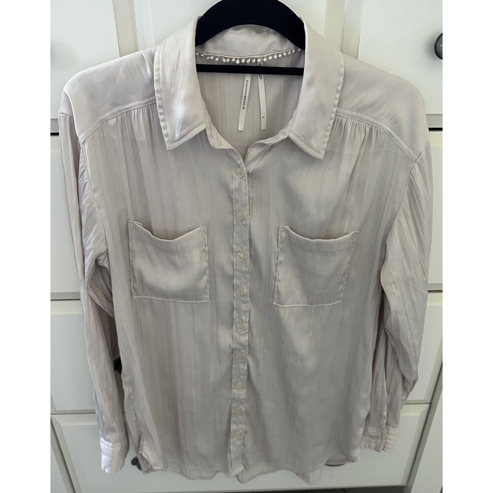 By Anthropologie Crinkle Button Down Shirt Blouse Top Cream Ivory S Pom Pom